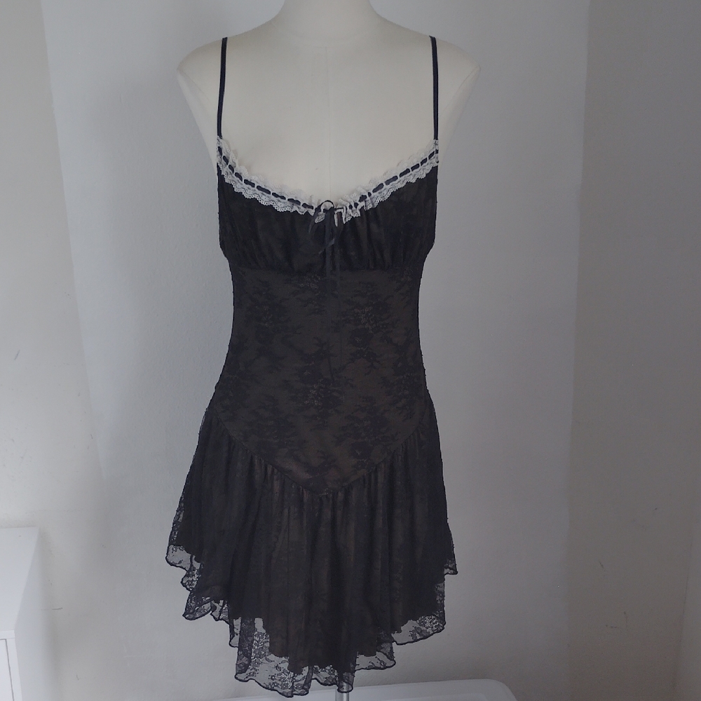 Shein Womens Fairy Grunge Milkmaid Black Lace Over Army Green Mini Dress Sz M